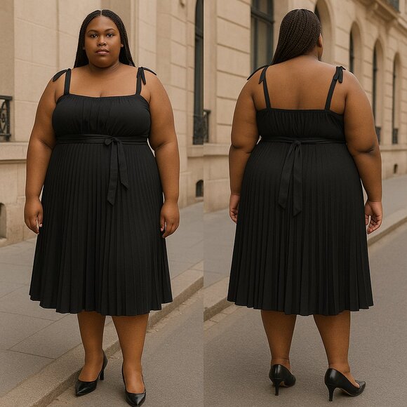 Taboo Black Pleated Dress with Satin Straps & Waist Tie – Women’s Plus 2X - Picture 1 of 9